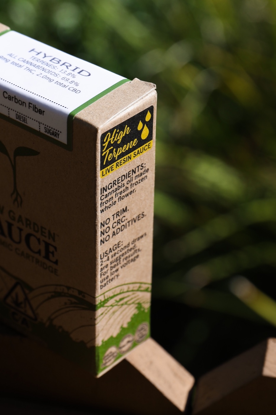 Raw Garden Sauce ceramic cartridge packaging, side panel macro detail