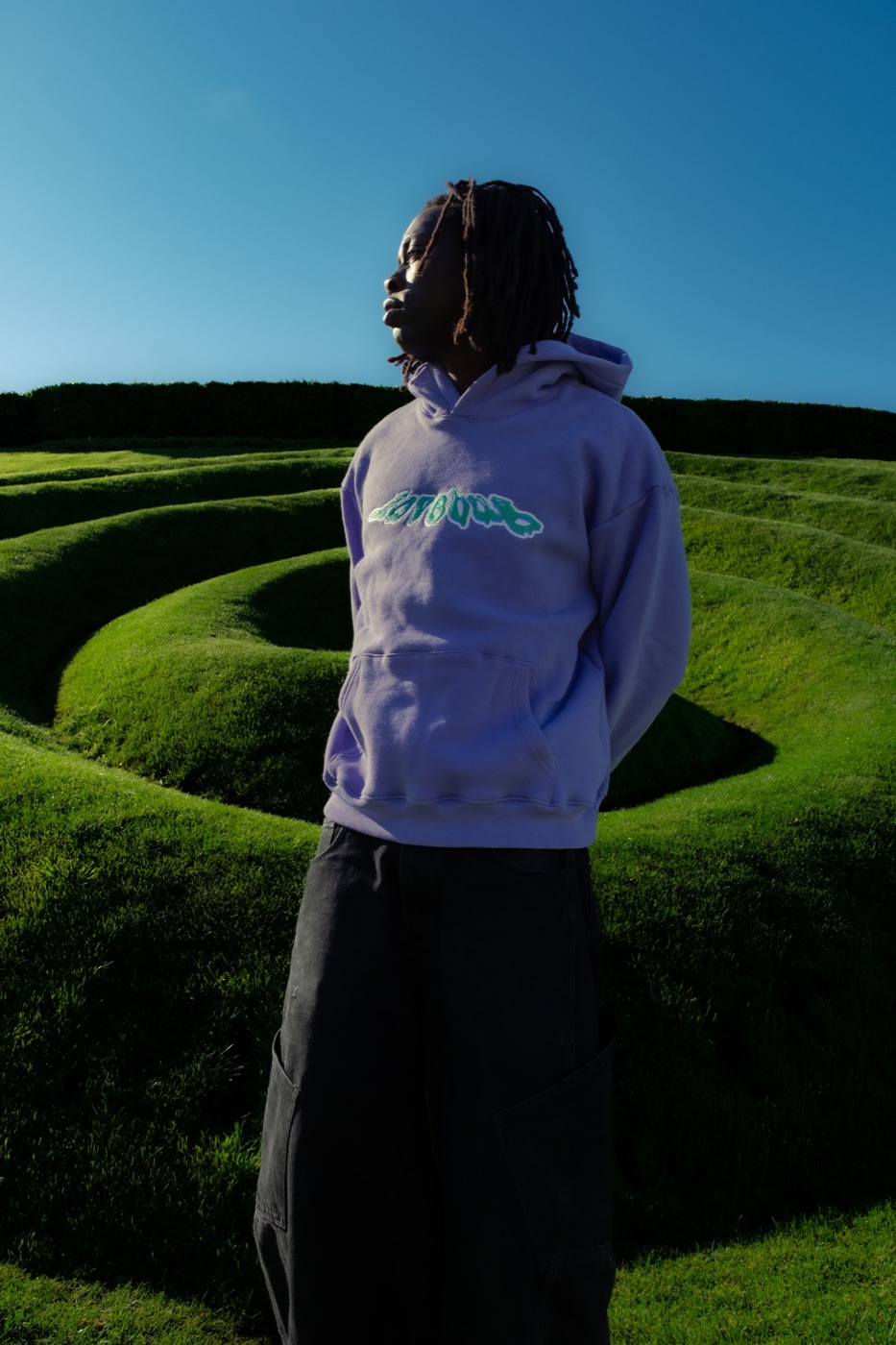 Lovebug Trip Hoodie on the grass spiral earthwork in Los Angeles