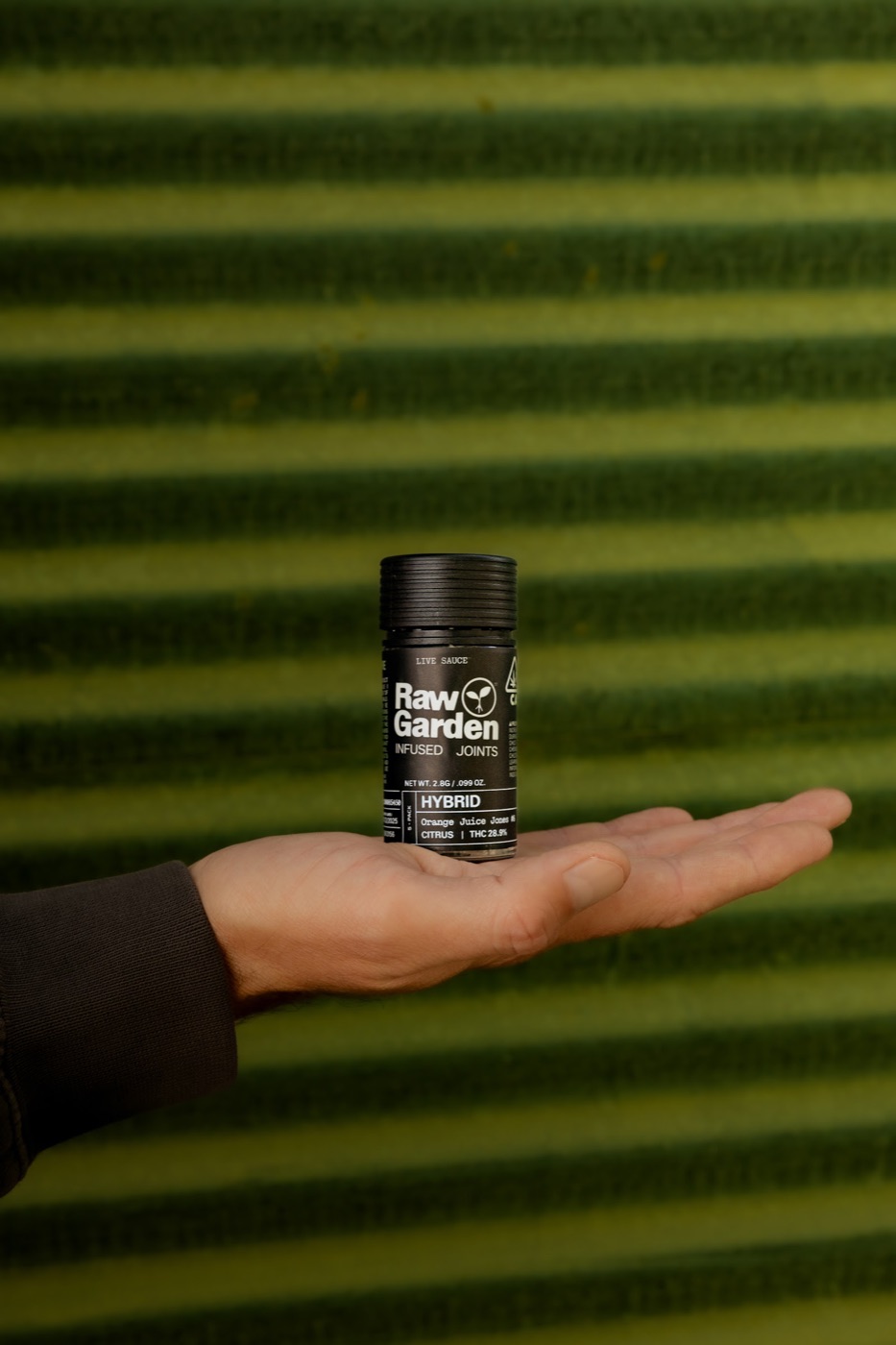 Raw Garden infused joints jar held in hand against a green wall